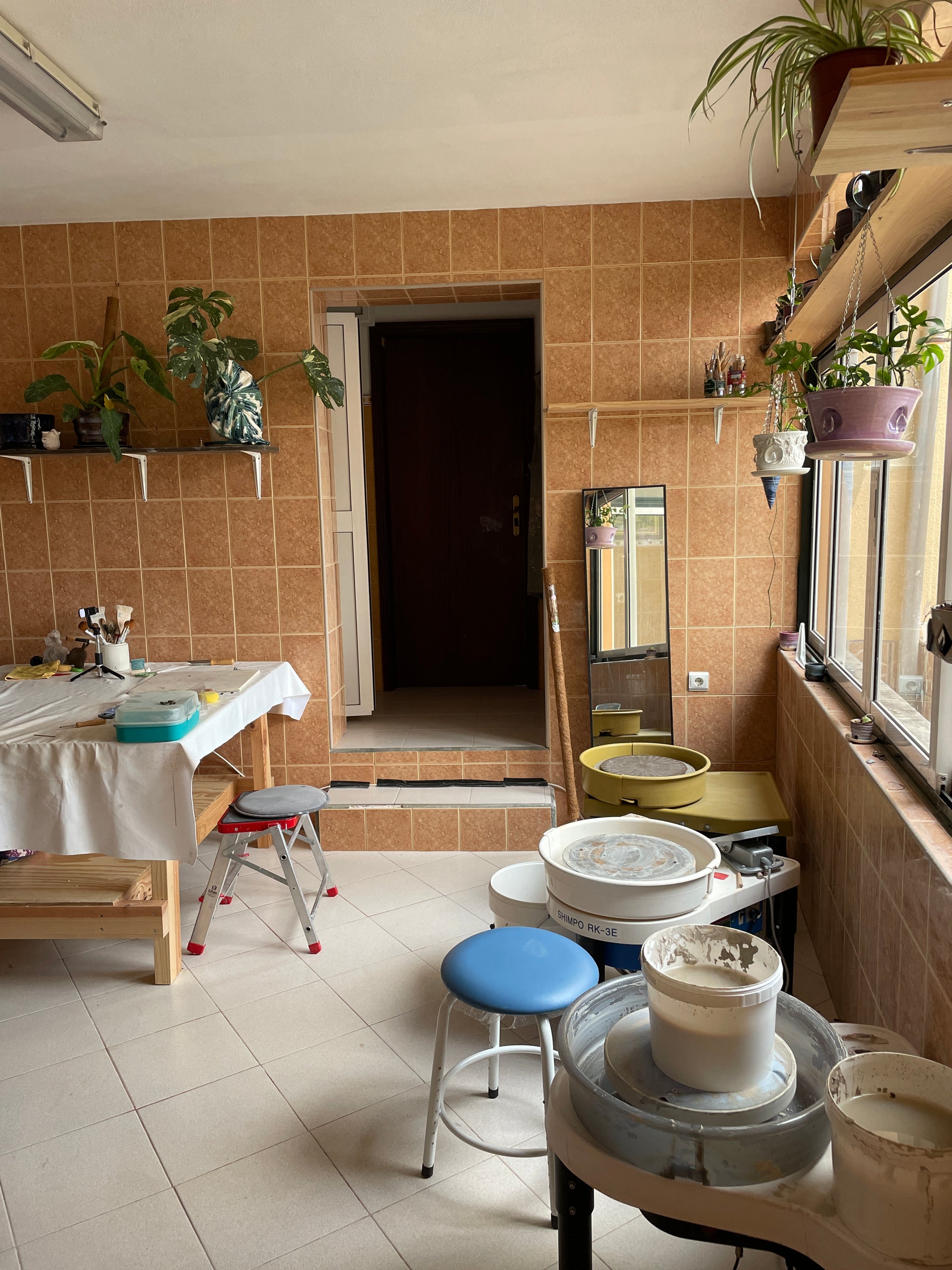 Pottery studio for wheel throwing, with natural light and lots of plants