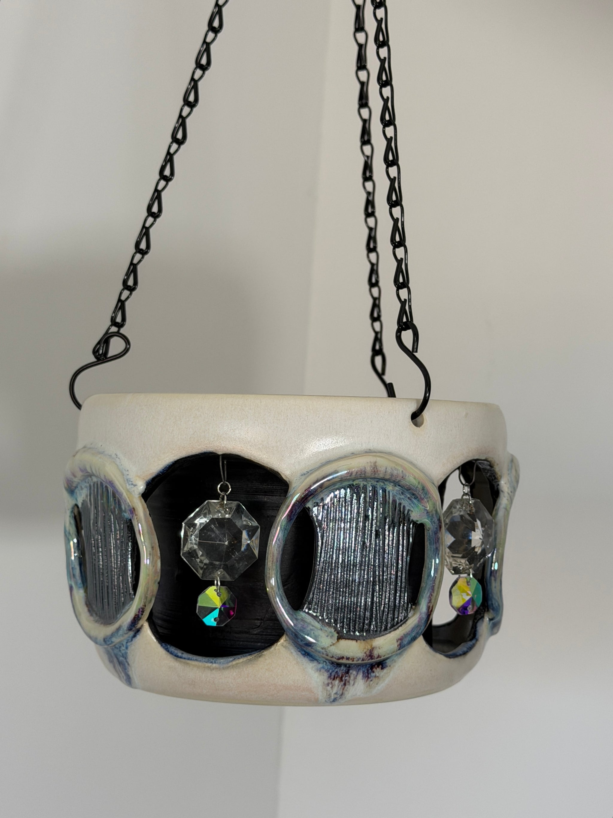 Double Walled Crystal Hanging Planter with Mother of Pearl Luster