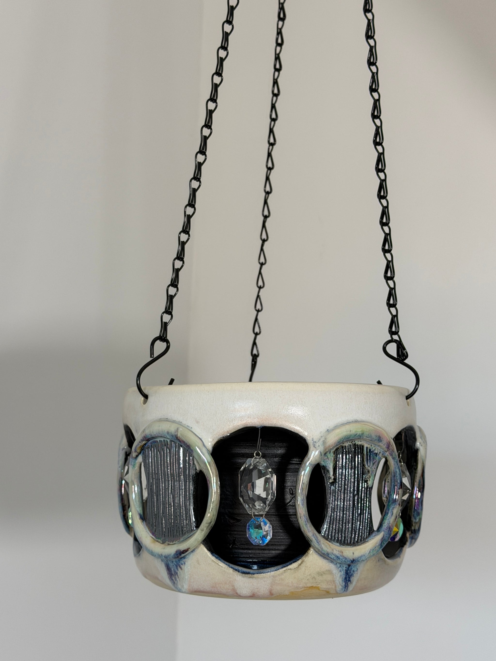 Double Walled Crystal Hanging Planter with Mother of Pearl Luster