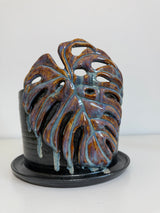 8" Monstera w/attached saucer with Black Sparkle Cascadeglaze combo