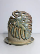 8" Monstera w/ attached saucer Spiderwort glaze