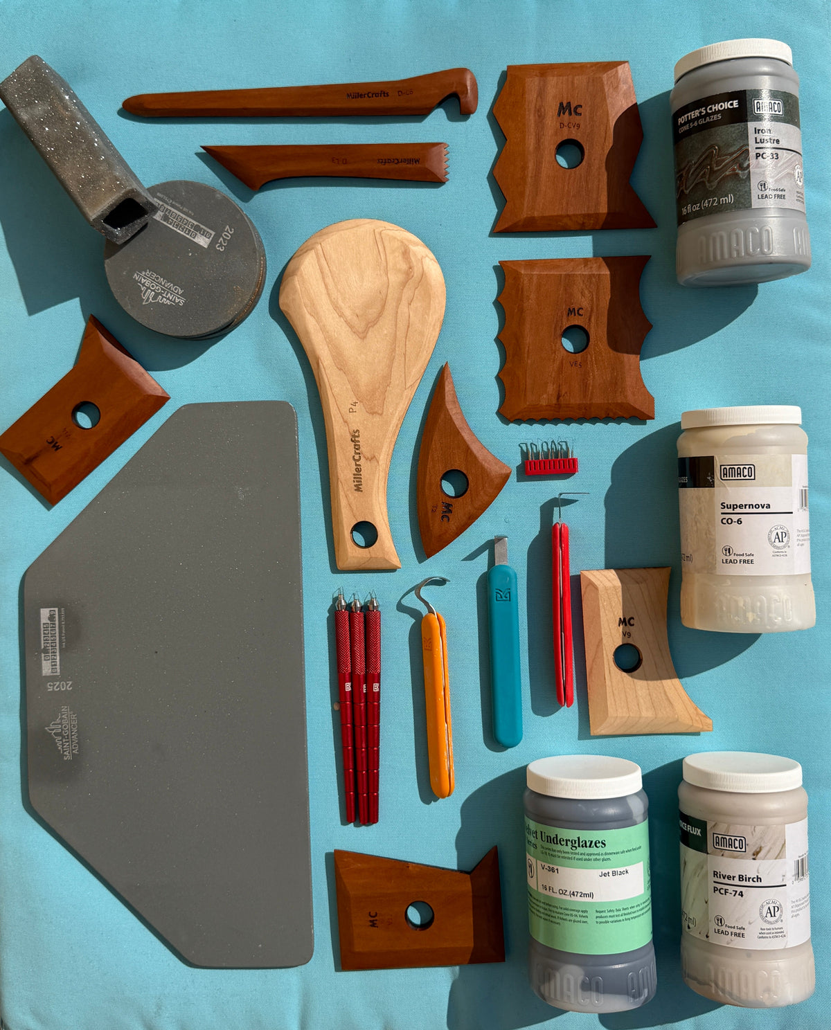 Photo of tools from Miller Crafts Tools, AMACO Brent, Buschkraft Tools, and Advancer Kiln Shelves